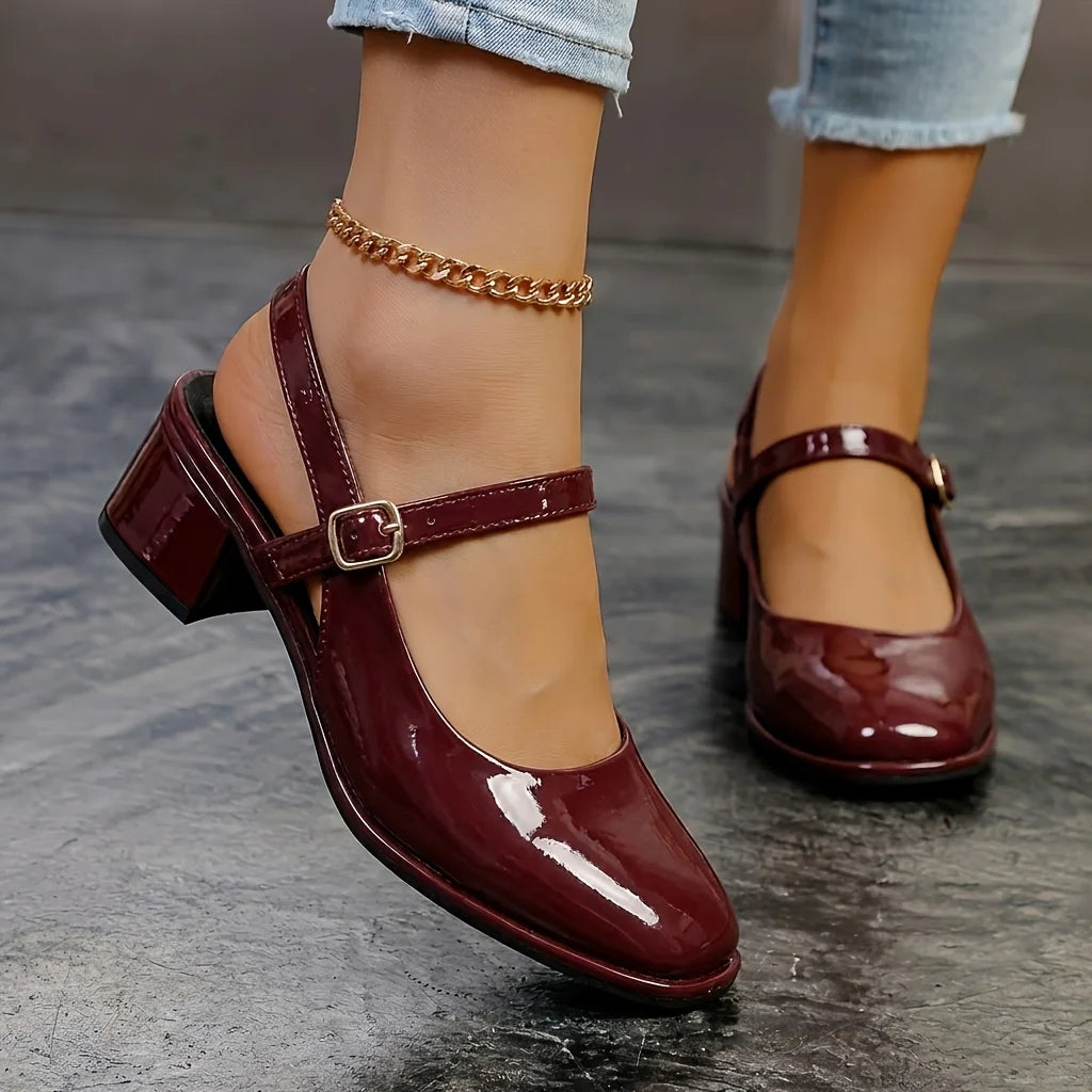 Women's Patent Leather Slingback Mary Jane Pumps | Block Heel Ankle Strap Dress Shoes