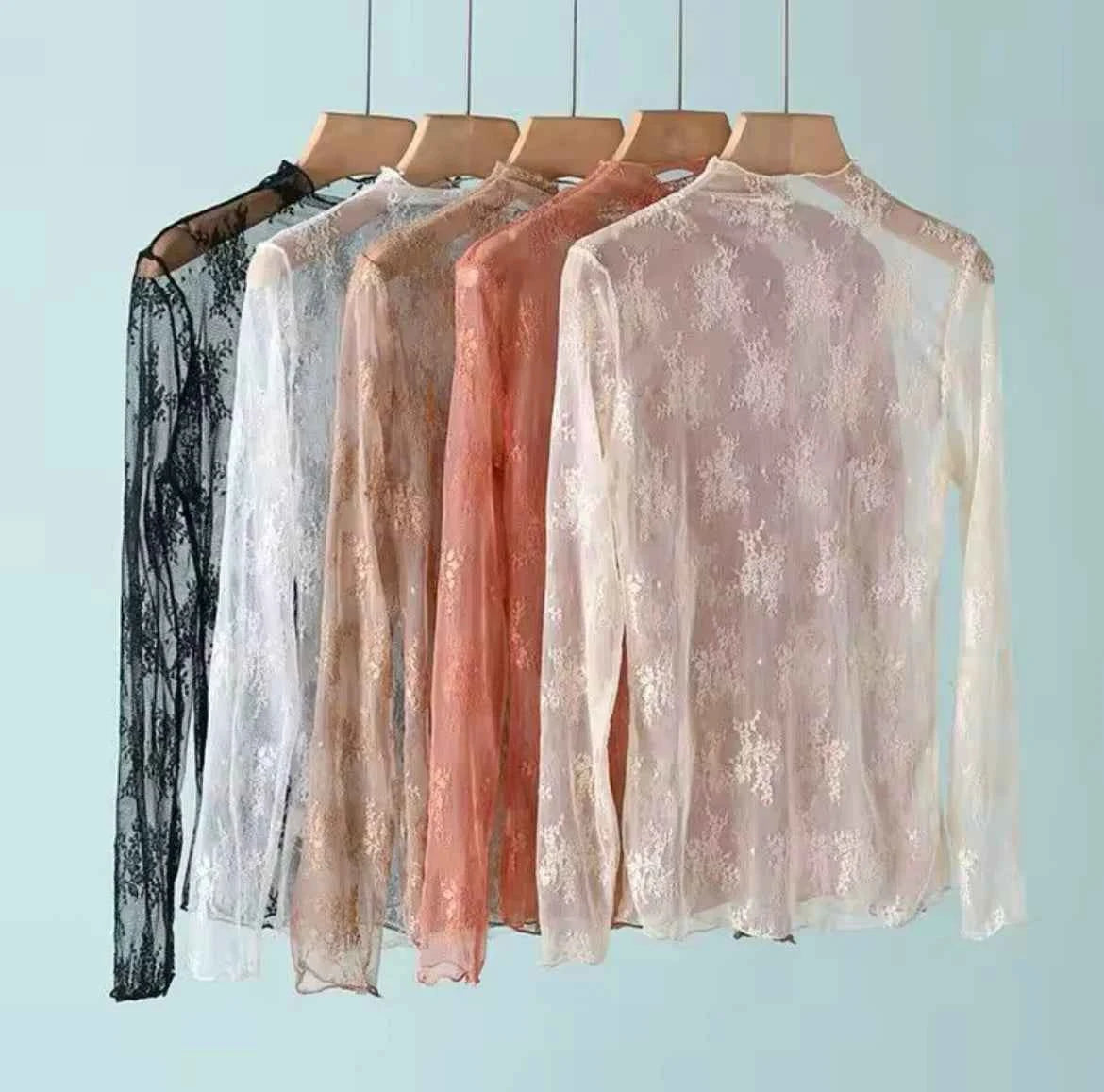 Sheer Lace Mesh Blouse for Women — Long Sleeve, See-Through Turtleneck Top
