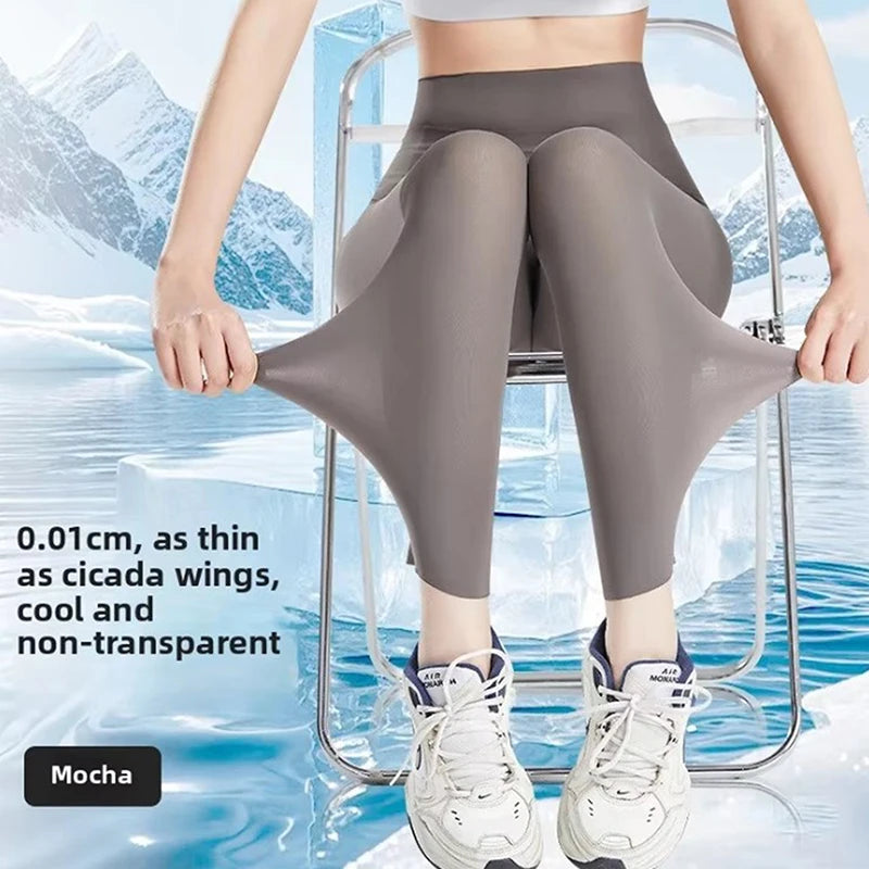 Summer Sunscreen High Waist Leggings Women Silky Ice Cooling 4-Way Stretch Capri Trousers Tummy Control Yoga Pants