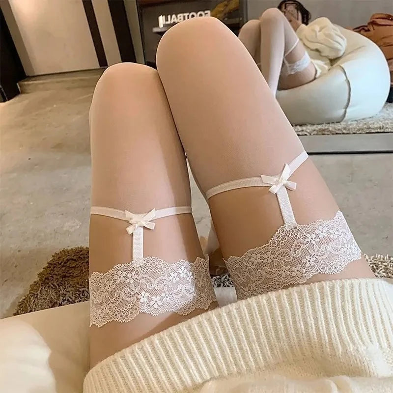 Lace Bow Suspender Stockings – Sheer Thigh-High Over-Knee Socks for Women