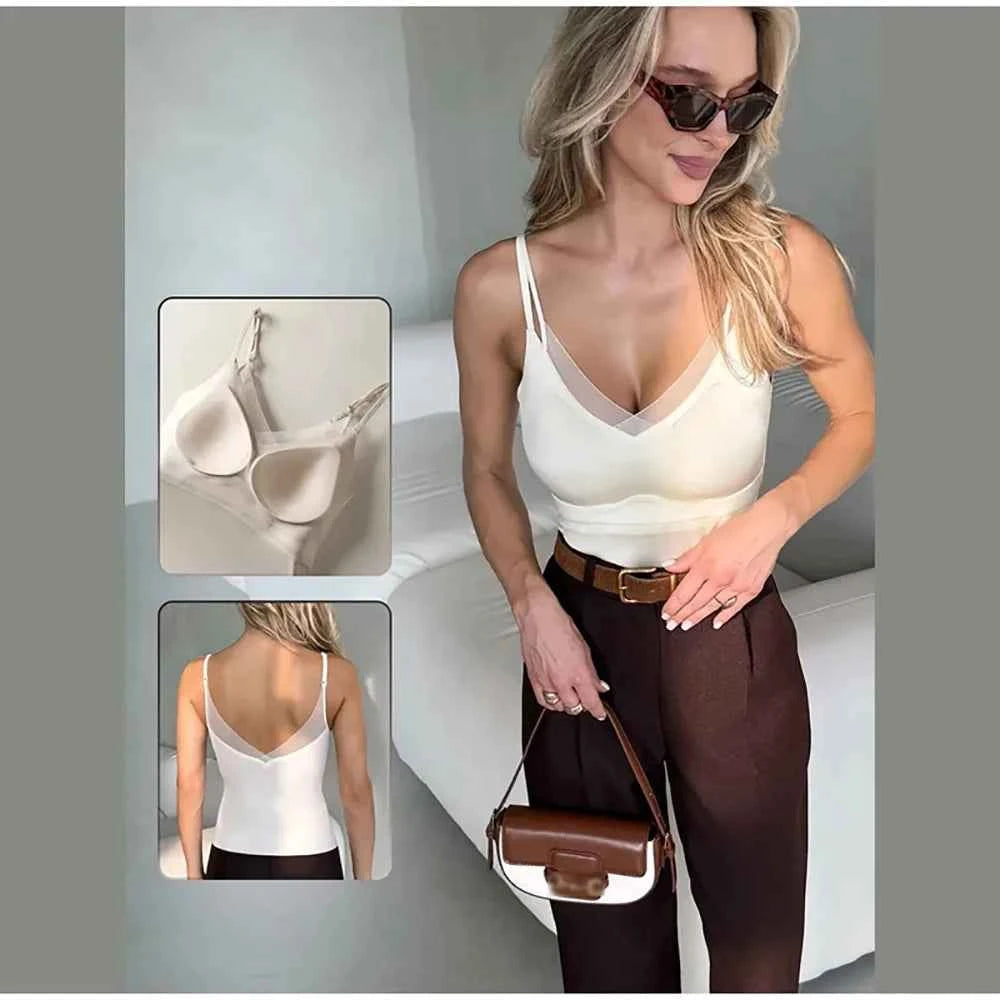 Satin V-Neck Camisole with Built-In Bra | Backless Sleeveless Tank Top