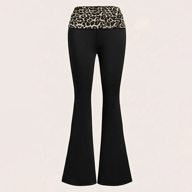 Fashion Leopard Patchwork Flared Leggings Women American Casual Sports Tights Woman Spring Autumn Thin Breathable Wide Leg Pants