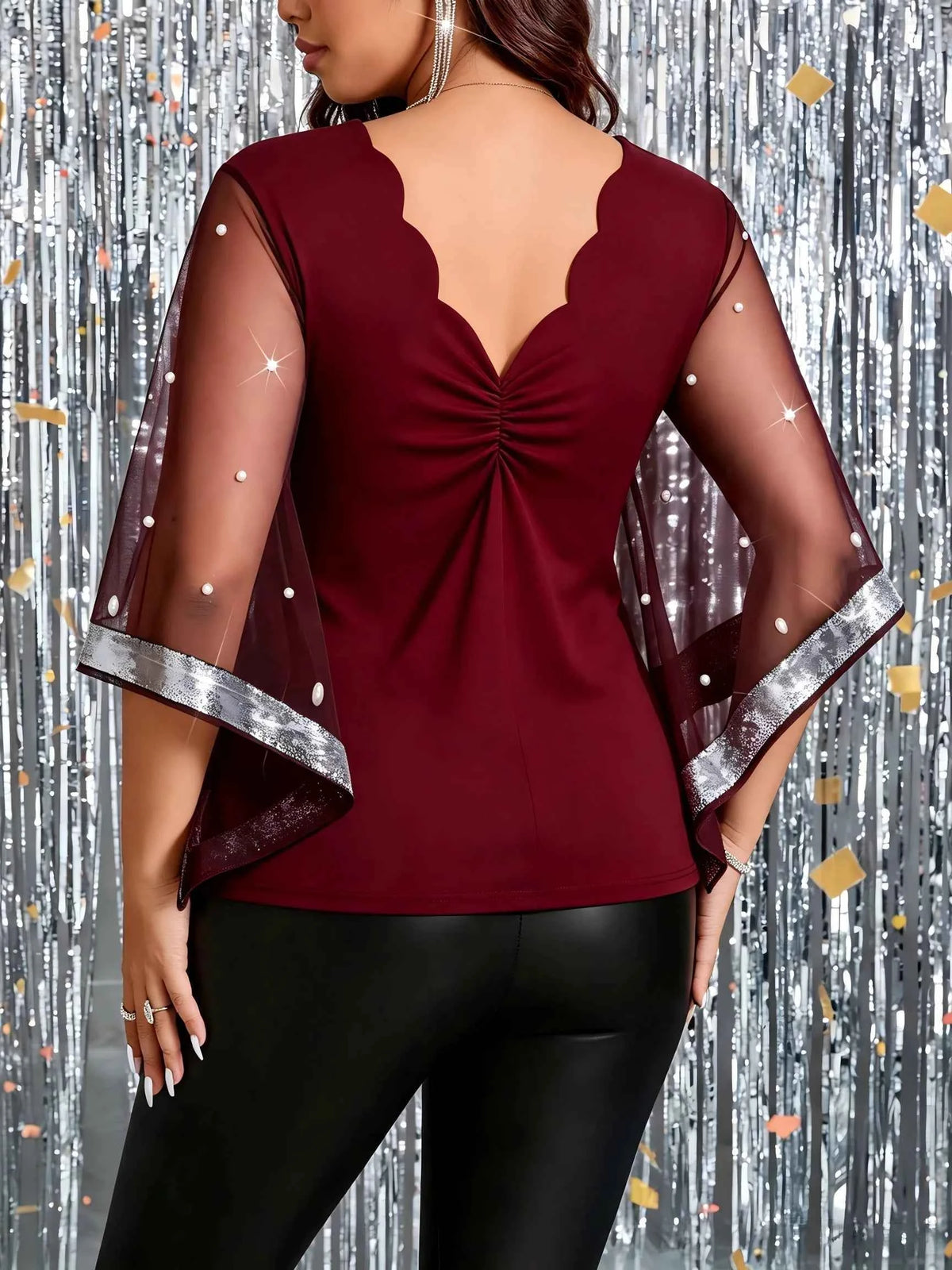 Plus Size Women's Mesh Bell Sleeve Blouse – Scallop V-Neck Pearl Beaded Party Top | Sizes 0XL–5XL