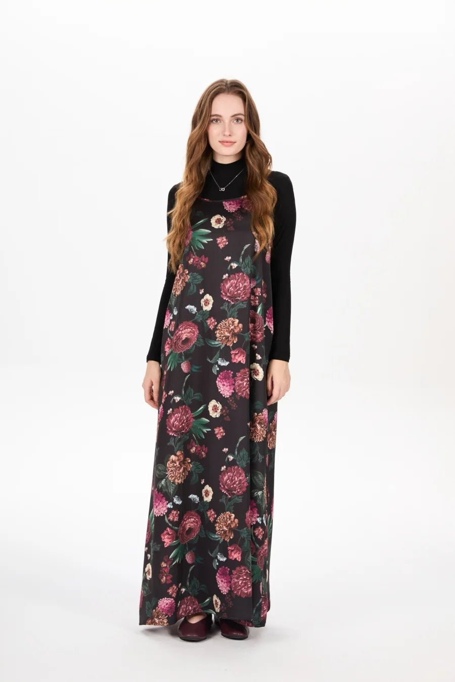 Satin Slip Maxi Dress — Mock Neck Adjustable Floor-Length Dress