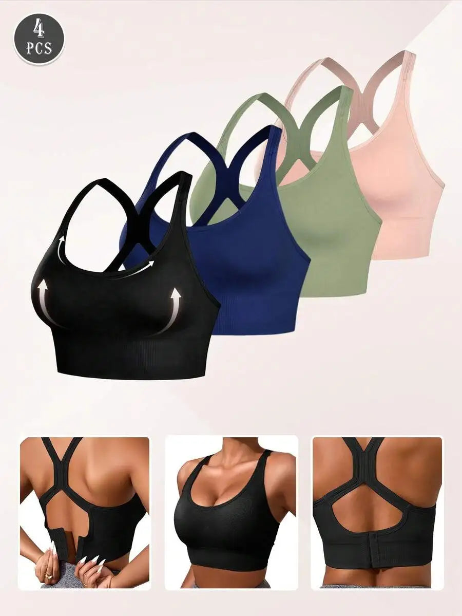4pcs/Set Women's Seamless Shock-Absorbing Sports Bras, Lightweight & Breathable, Suitable For Yoga & Light Exercises, Beautiful