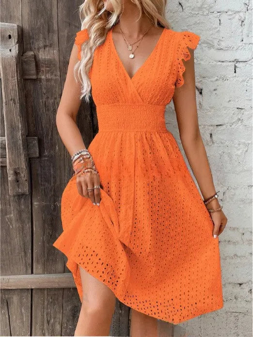 Lotus Leaf Sleeve Elegant Dress — Colorful Casual Commuter Summer Dress