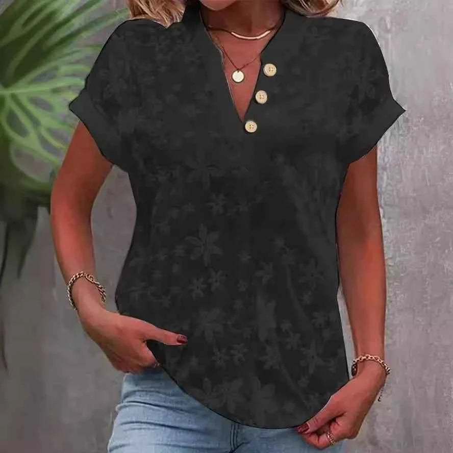 Women Shirt Pullover Solid Blouses Spliced V Neck Shirts Casual Summer 2024 Loose Fit Slight Strech Button Basics Embroidery