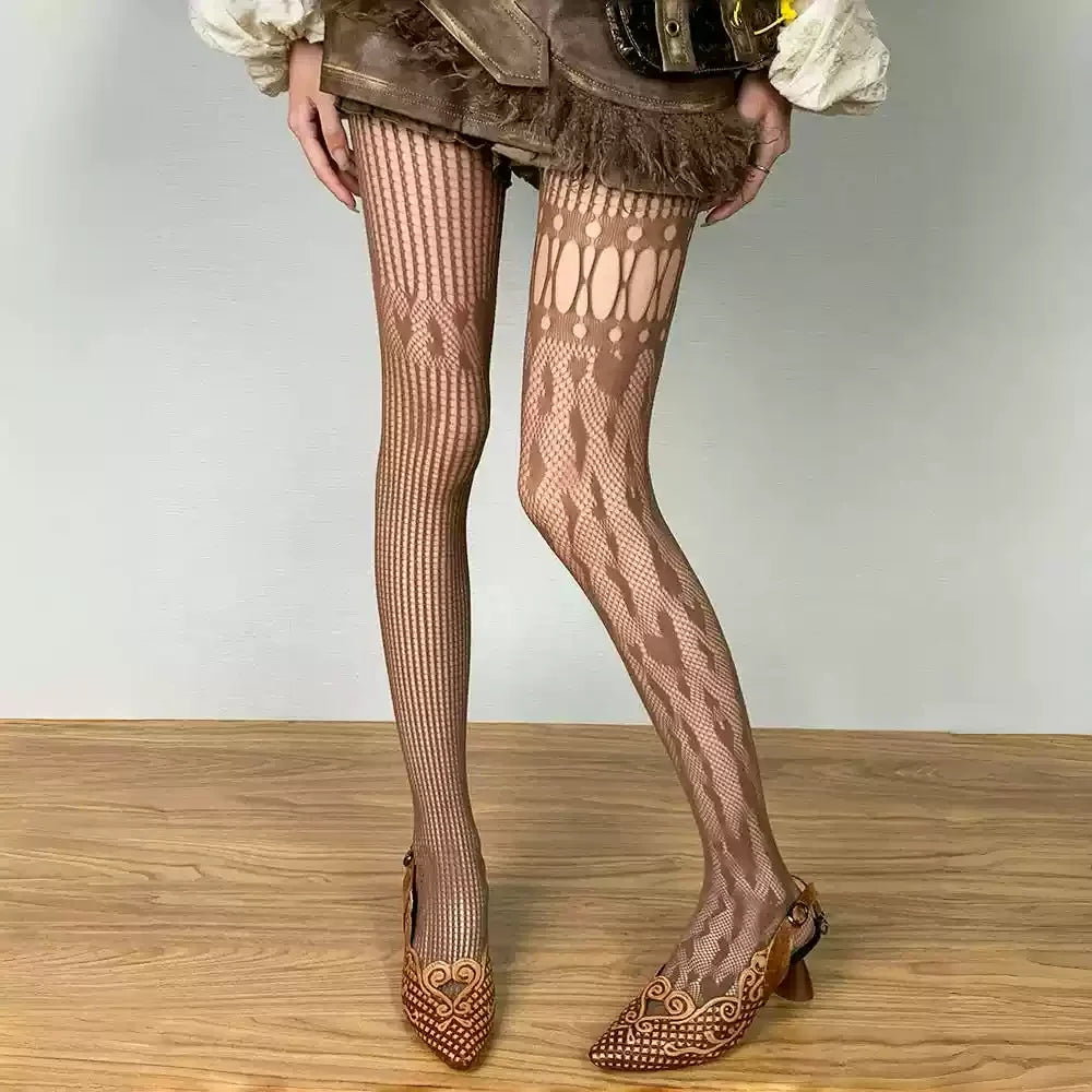 Heart Hollow Fishnet Pantyhose — Y2K Lace Mesh Tights & Body Stockings