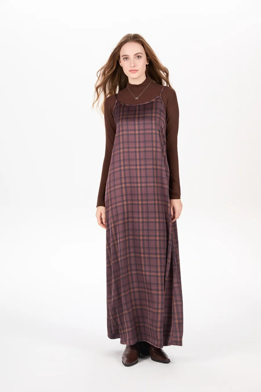 Satin Slip Maxi Dress — Mock Neck Adjustable Floor-Length Dress