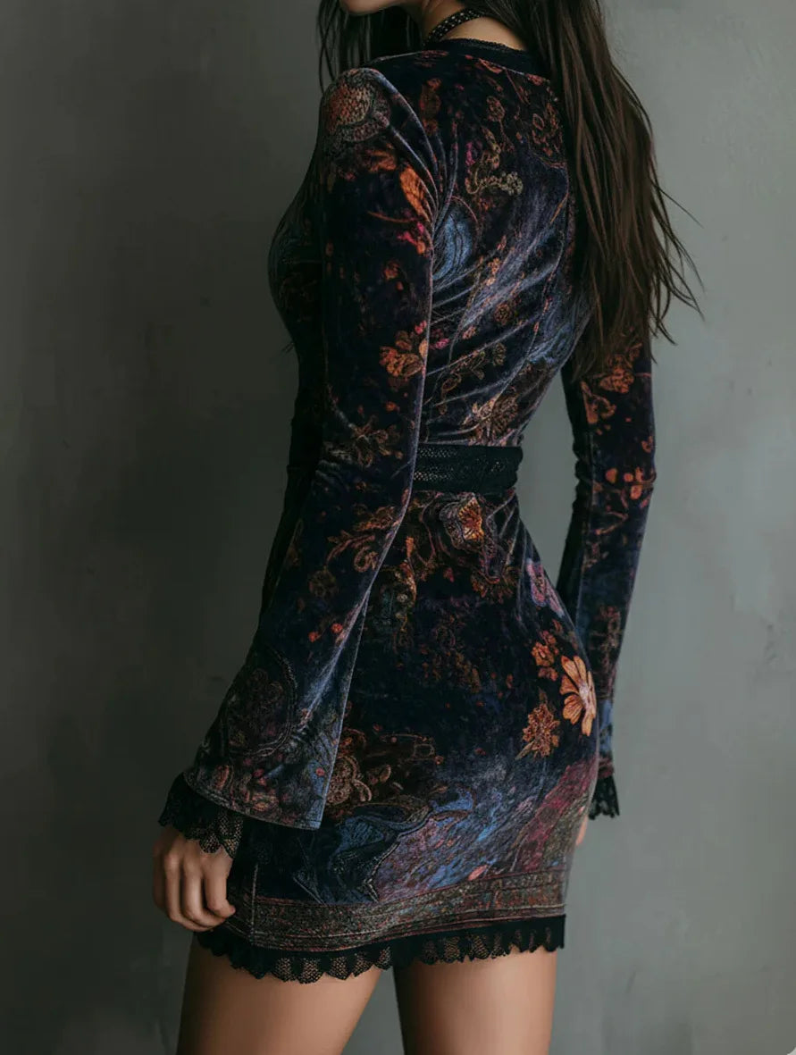 Velvet Floral Lace Mini Dress — Gothic V-Neck Long Sleeve Vintage Dress