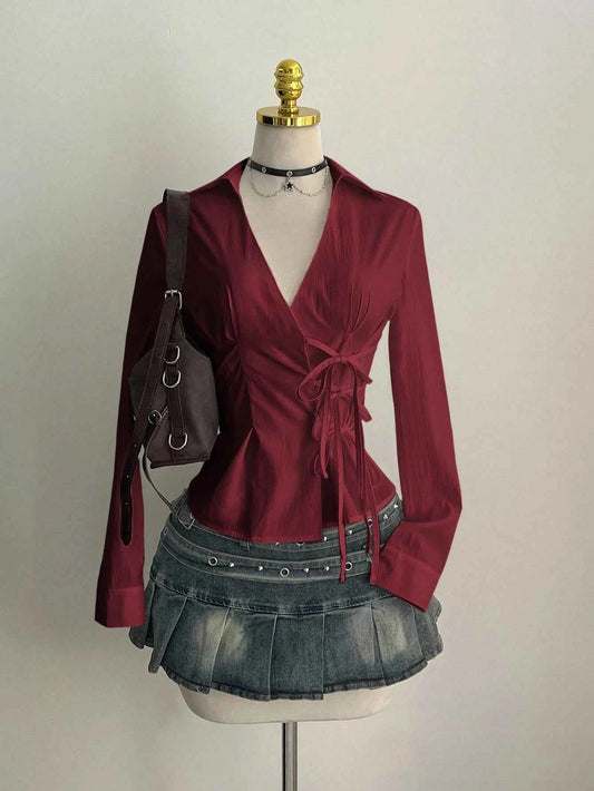Women's Casual Side Strap Slim Fit Long Sleeve Shirt Sexy V-Neck Pleating Top Spring/Fall 2026