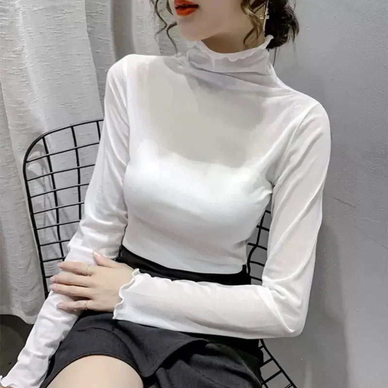 Women's Sheer Lace Mesh Blouse | Long Sleeve See-Through Turtleneck Top