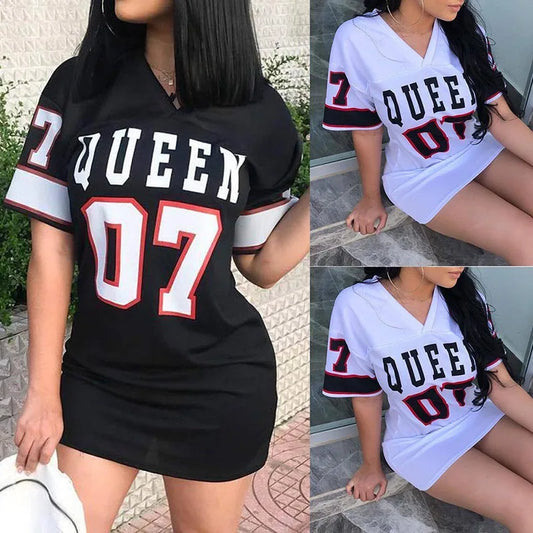 V-Neck Letter Print Mini Dress — Sporty Short Sleeve Streetwear