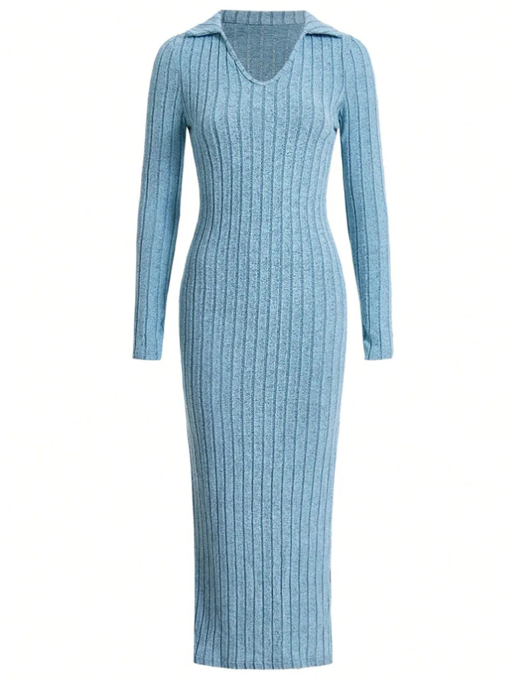 Knit Lapel Bodycon Dress — Long Sleeve Slim Solid Color Tight Skirt