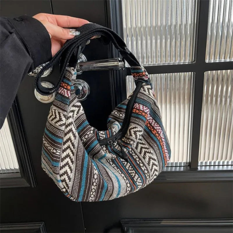 Women's Tribal Stripe Crossbody Bag – Boho Canvas Shoulder Bag with Zipper & Interior Pocket
