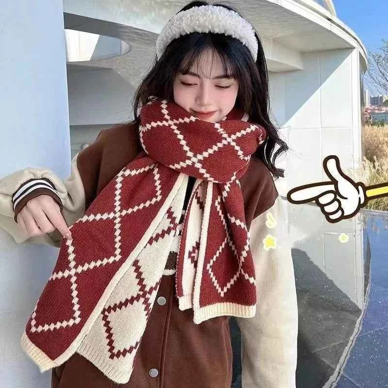 Winter Women Men Scarf Double-Sided Woolen Knitted Plaid Scarf Small Soft Warm Couple Scarves Outdoor Windproof Neckerchief