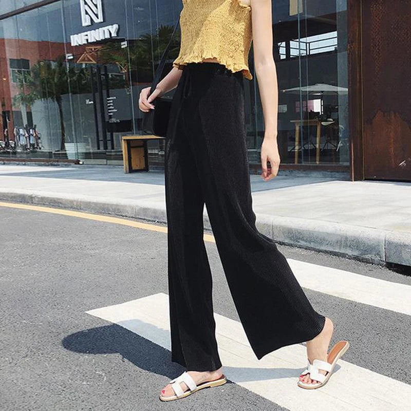 Women's Pleated Wide-Leg Pants | Ice Silk Loose Trousers with Elastic Waist