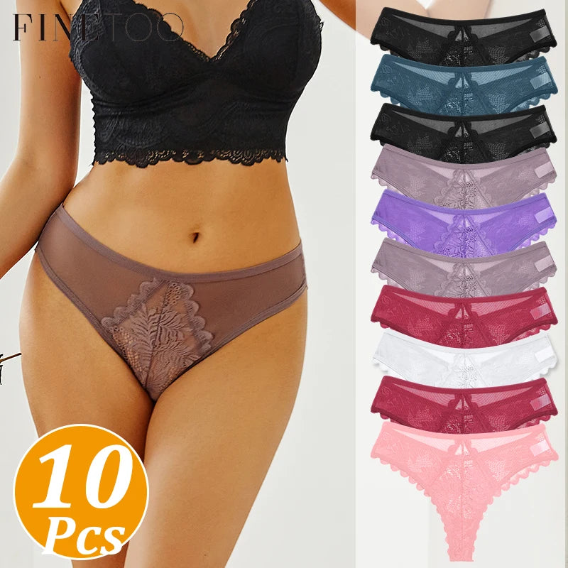 Women's Lace Thong Panties Set – 10 Pcs Sheer Mesh Floral G-String Underwear (S–XL)