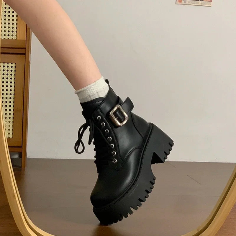 Black Thick Heel  Boots Women's British Style Spring Autumn New Fleece Lined Heightening Short Boots Warm round Toe