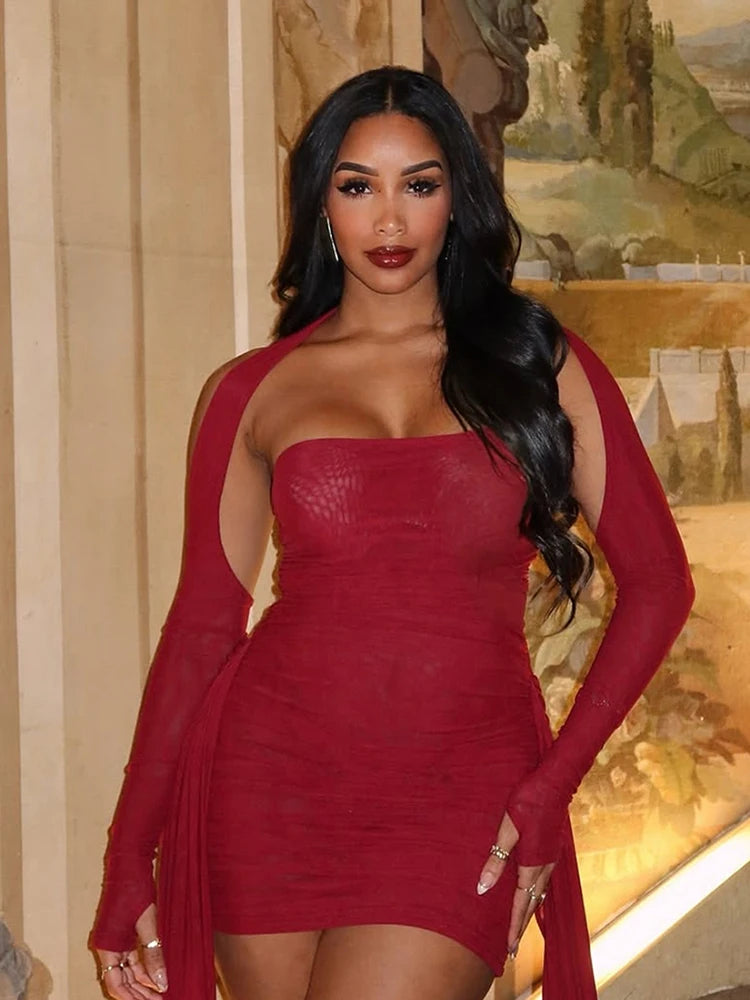 Strapless Mesh Mini Dress — Tassel Ribbon Body-Shaping Party Dress