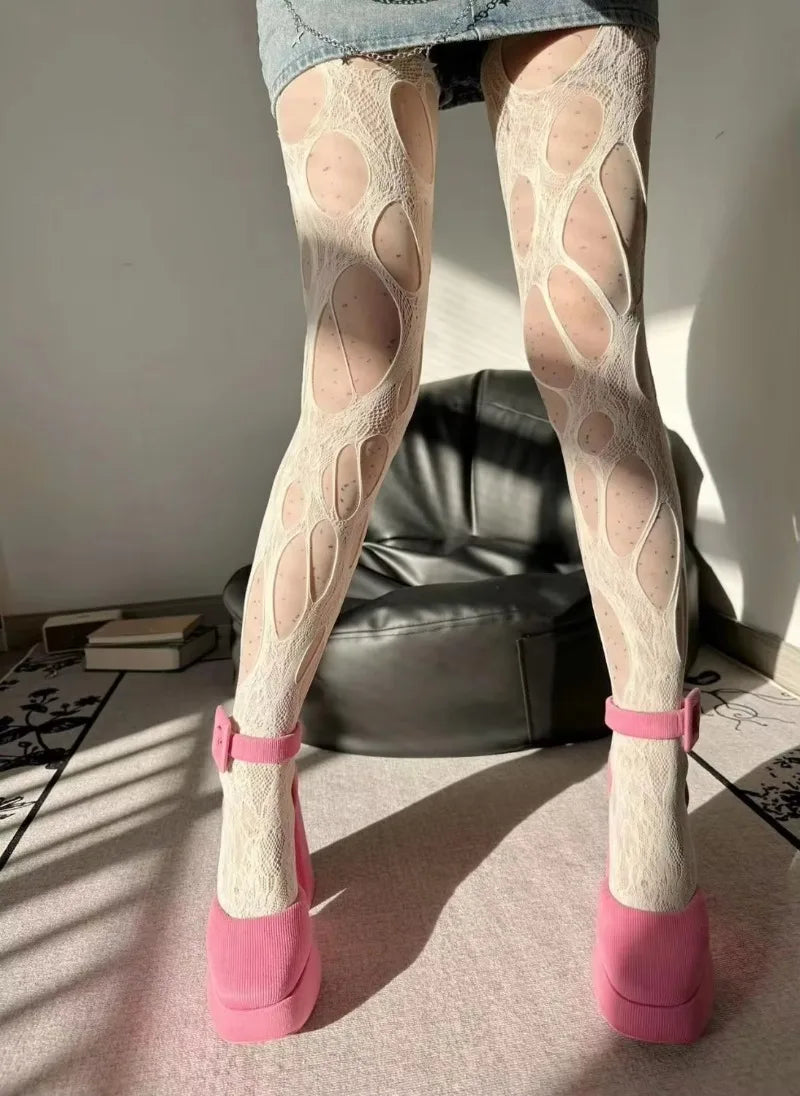 Women Sexy High Waist Fishnet Stockings Mesh Club Tights Panty Knitting Net Pantyhose Ripped Jeans Match Long Socks Lingerie Hot