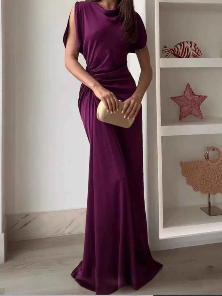 Casual O-neck Draped Gowns Dress Elegant Hight Waist Slim Fit Evening Dress Vestidos  Women Fashion Temperament Solid Long Dress