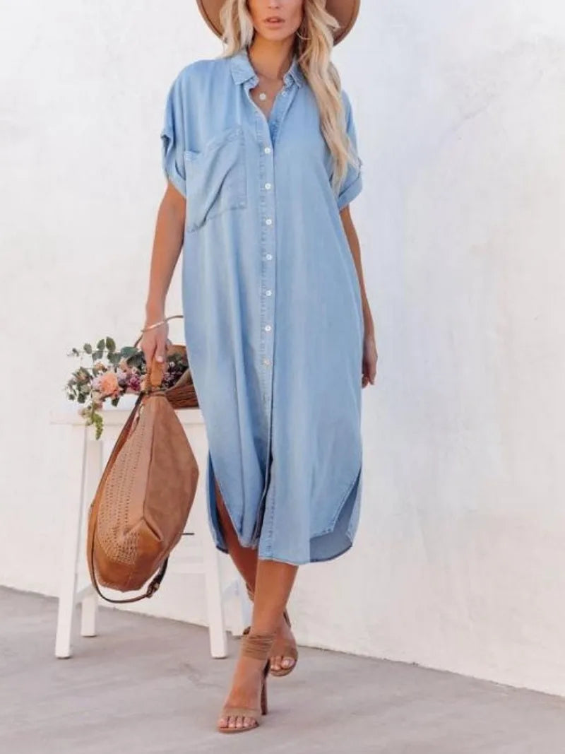 Shirt Dress with Slit — Casual Loose Short Sleeve Button-Up Dress