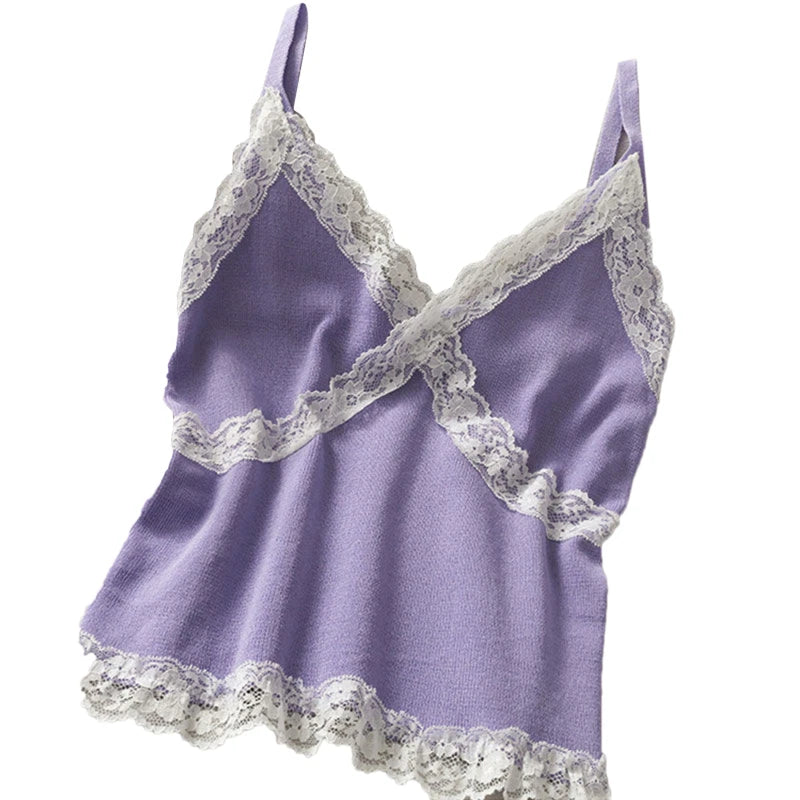 Women's Lace Cami Tank Top | Y2K Cropped Camisole | V-Neck Knit Sleeveless Top