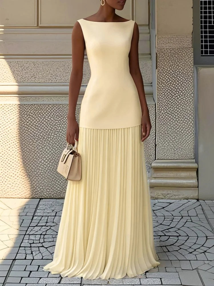 Pleated Skirt Set — Slash Neck Sleeveless Boho Maxi Dress