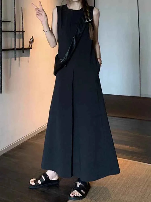 Casual Loose Simple Basic Woman Dress Black Beach Sleeveless Dresses Female Chicly French Summer New Solid Color Women Dress