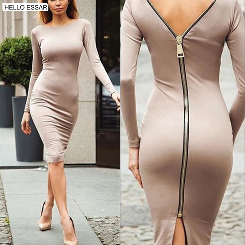 Plus Size Bodycon Dress — Long Sleeve Round Neck Zipper Tight Dress