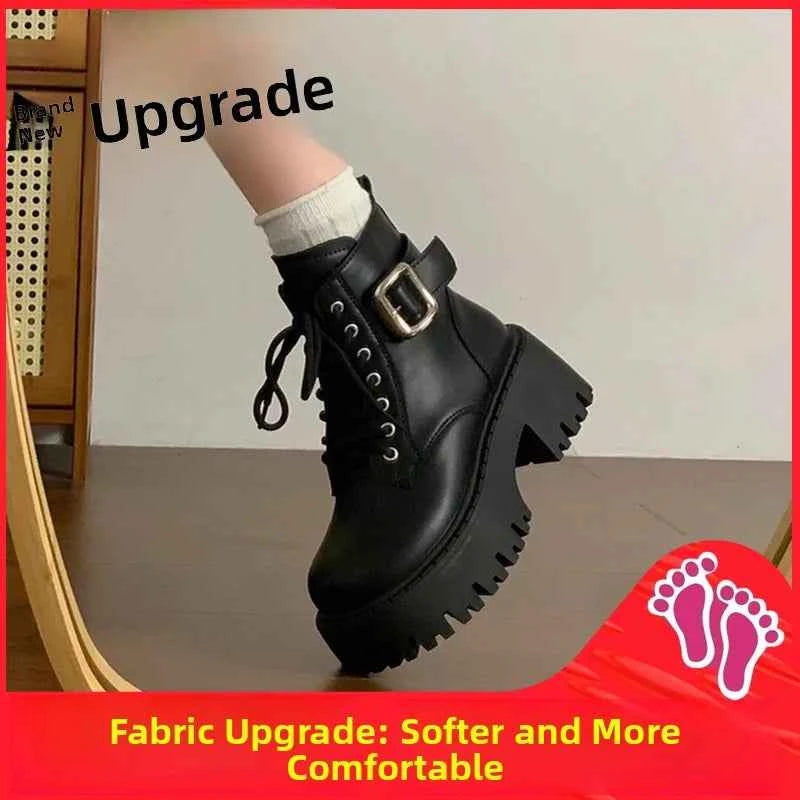 Black Thick Heel  Boots Women's British Style Spring Autumn New Fleece Lined Heightening Short Boots Warm round Toe