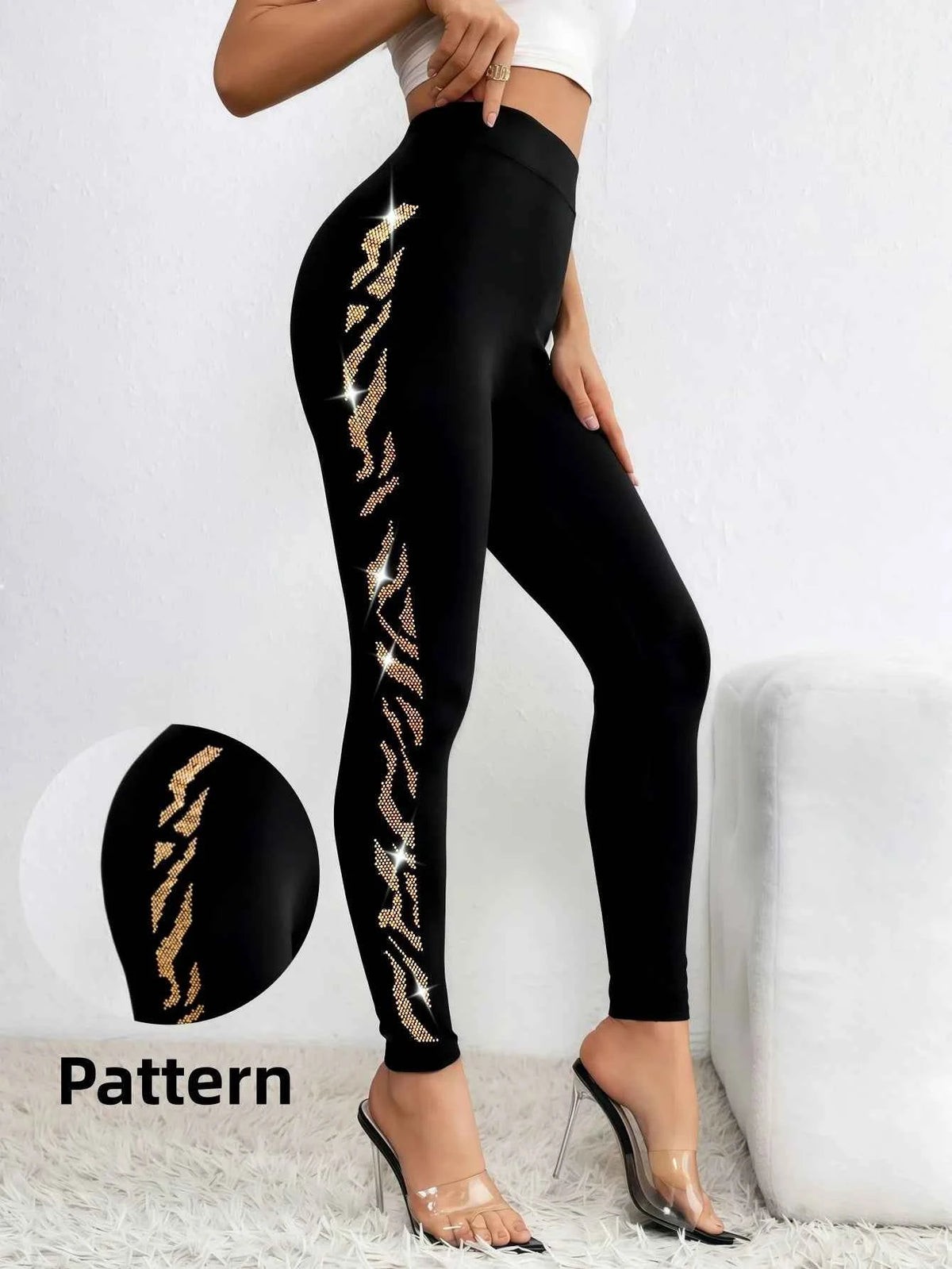 Women's Black Leopard Rhinestone Leggings – High Waist Seamless Knit