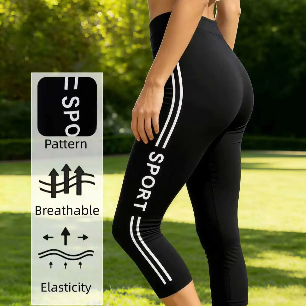 Women's High-Waist Capri Leggings | Sport Letter Print | Seamless Knit