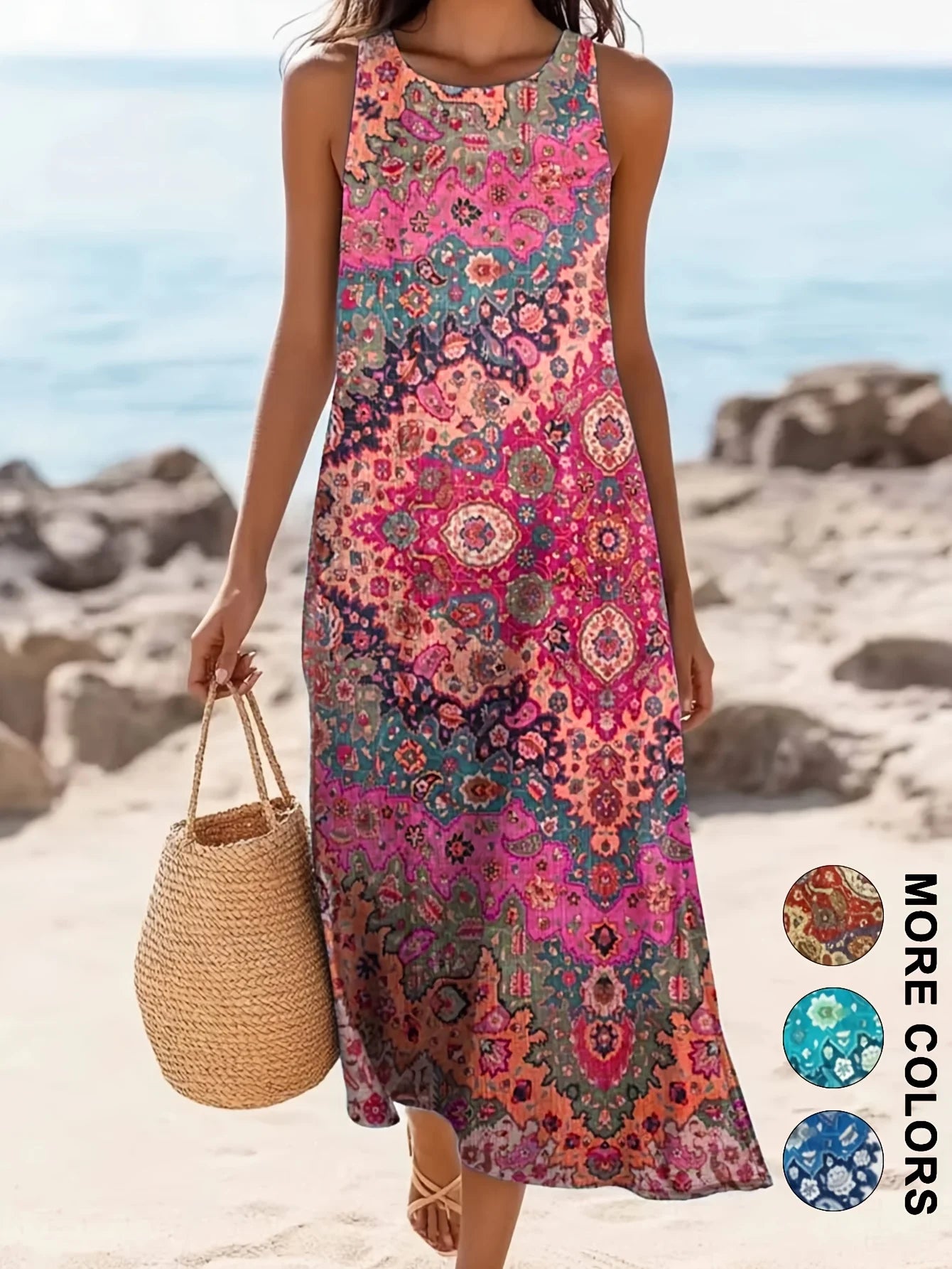 Bohemian Floral Midi Sundress — Sleeveless Beach Dress with Pockets