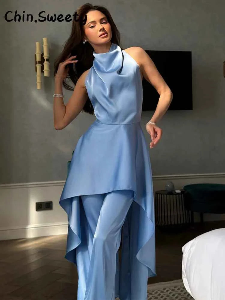 Elegant Women's Satin Halter Spliced Long Top Pants Set Sleeveless Backless Swing Collar Top Straight Leg Pant 2026 Fashion Suit