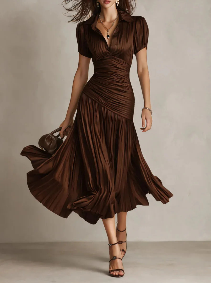 Striped High-Waist Shirt Dress — Short Sleeve Lapel A-Line Skirt