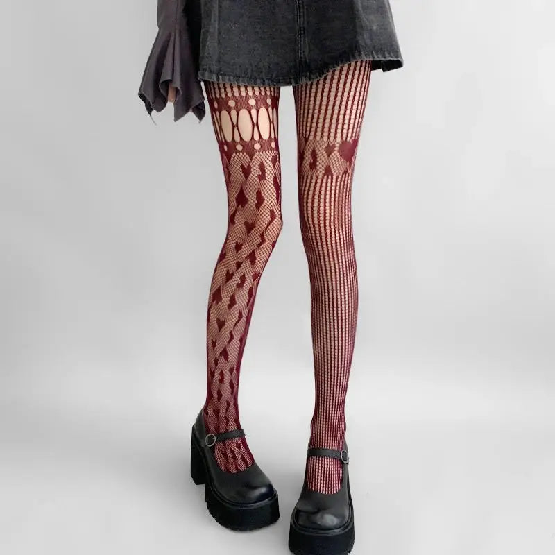 Heart Hollow Fishnet Pantyhose — Y2K Lace Mesh Tights & Body Stockings