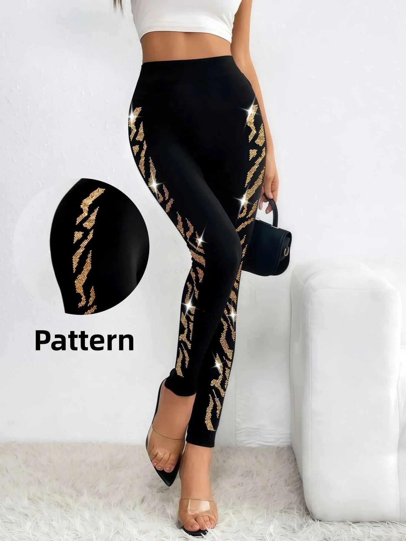 Women's Black Leopard Rhinestone Leggings – High Waist Seamless Knit