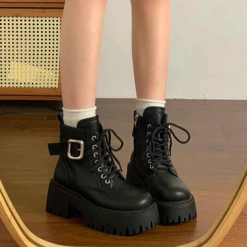 Black Thick Heel  Boots Women's British Style Spring Autumn New Fleece Lined Heightening Short Boots Warm round Toe