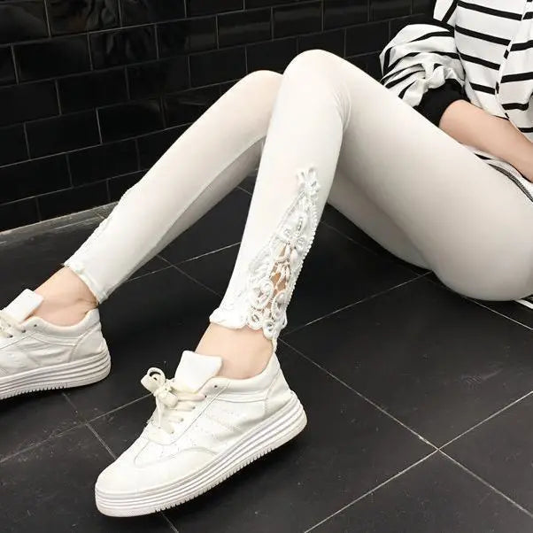 Women's High-Waist Contrast Lace Skinny Leggings