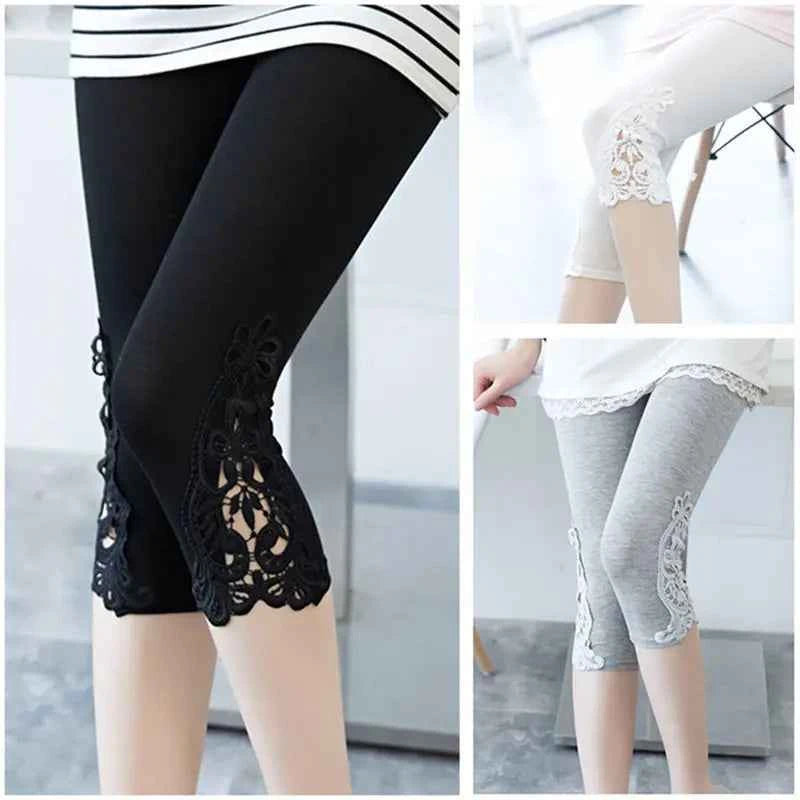 Women's High-Waist Lace Stretch Capri Leggings – Knee-Length Sports & Fitness Pants