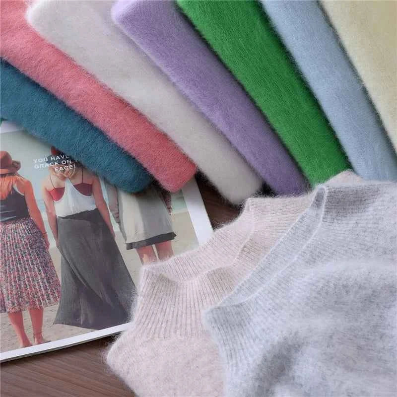Autumn Winter New Mink Cashmere Sweater Women's Half-Height Color Matching Knitted Pullover Casual Padded Wool Bottoming Coat