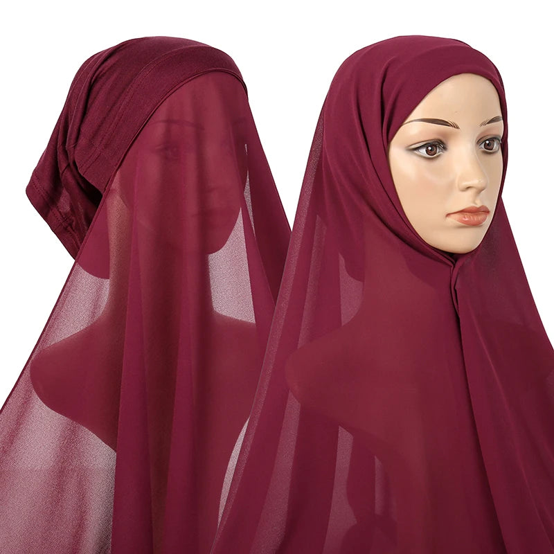 Instant Hijab with Tube Caps Women Premium Chiffon Hijab Muslim Soft Modal Cotton Open Caps Solid Colors Chiffon Shawl Turban