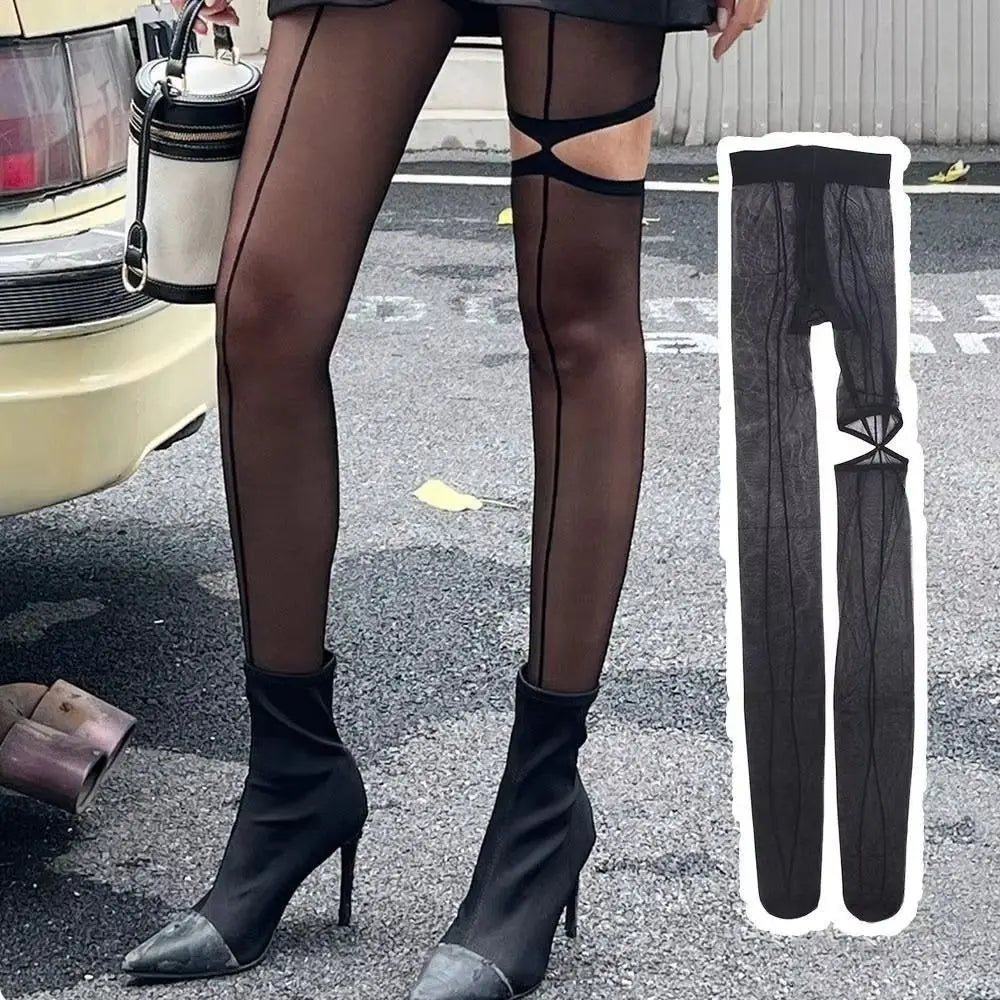 Y2K Asymmetric Mesh Pantyhose — Vertical Line Transparent Tights