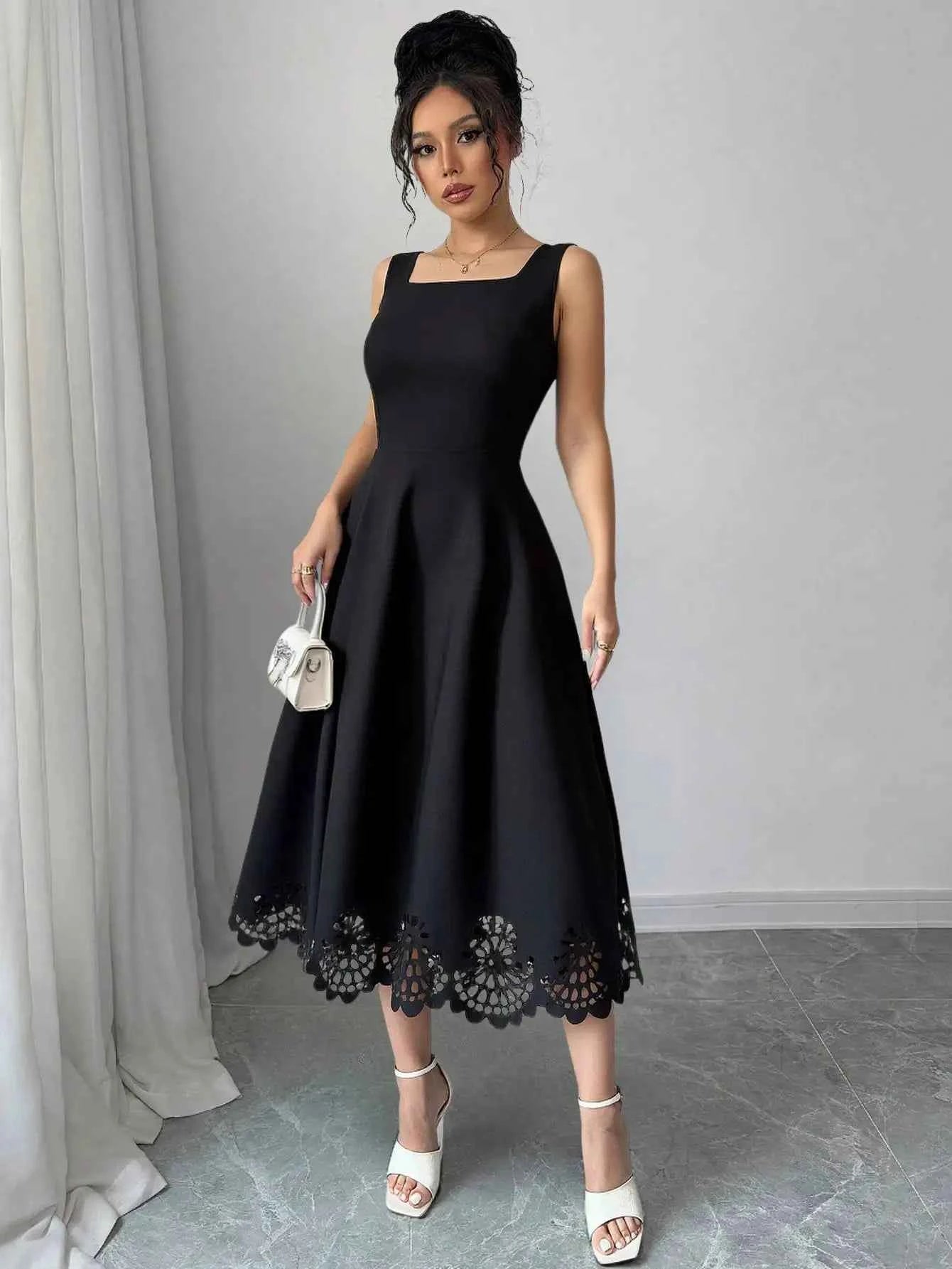 Minimalist Black Fit-and-Flare Dress Square Neck Sleeveless Laser Cut Lace Hem Casual Wedding Guest Dress