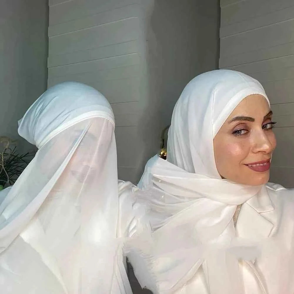 Instant Hijab with Tube Caps Women Premium Chiffon Hijab Muslim Soft Modal Cotton Open Caps Solid Colors Chiffon Shawl Turban