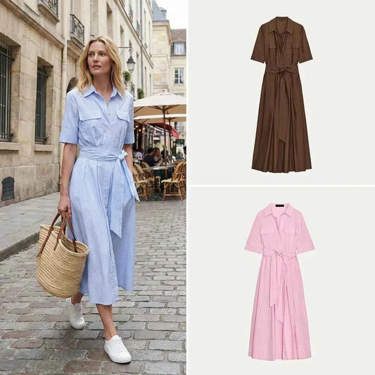 Casual Shirt Dress Women's Versatile Summer New Style Summer 2025 Chiffon High Waist A-Line Skirt Short Sleeve Loose Fit Sing...