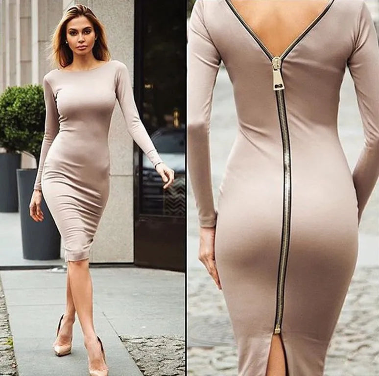Plus Size Bodycon Dress — Long Sleeve Round Neck Zipper Tight Dress