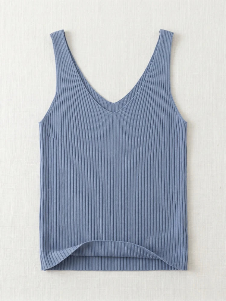 Ice Silk Knit Camisole Tank Top – Slim Fit V-Neck Sleeveless Top for Women
